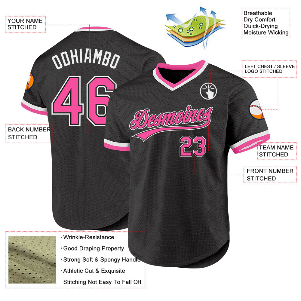 Custom Black Pink-White Authentic Throwback Baseball Jersey view 3