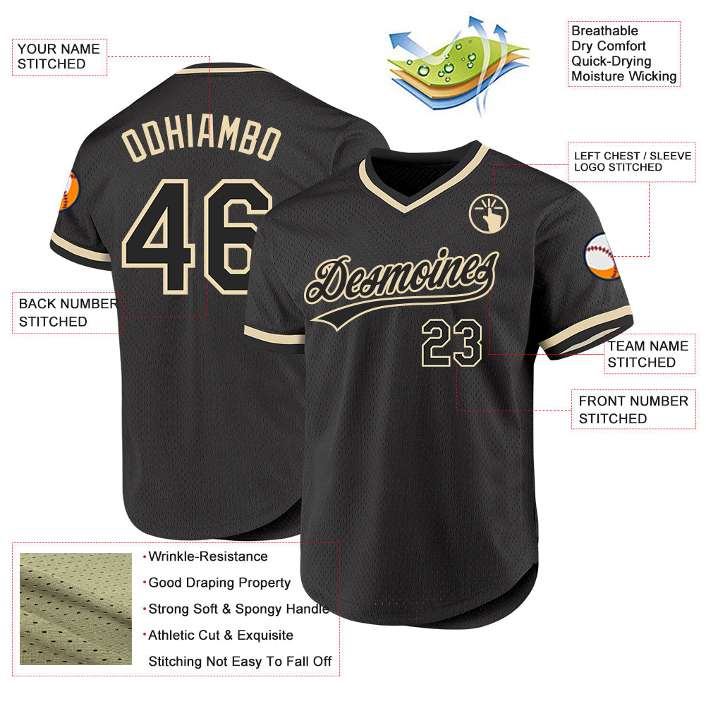 Custom Black Cream Authentic Throwback Baseball Jersey view 3