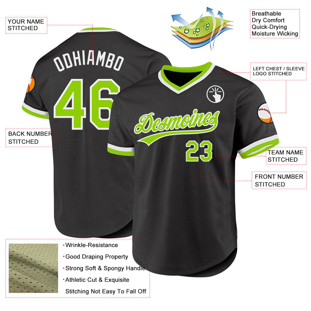 Custom Black Neon Green-White Authentic Throwback Baseball Jersey view 3
