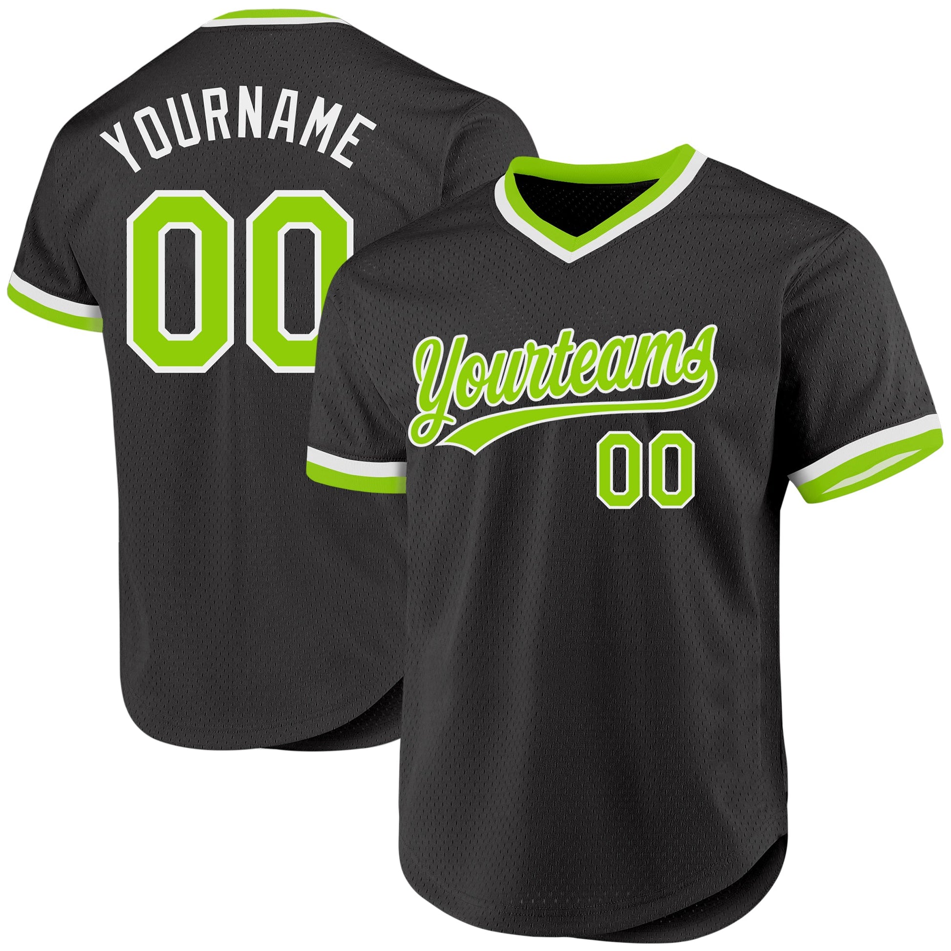 Custom Black Neon Green-White Authentic Throwback Baseball Jersey - Main View