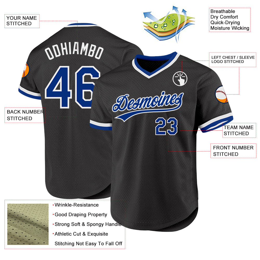 Custom Black Royal-White Authentic Throwback Baseball Jersey view 3