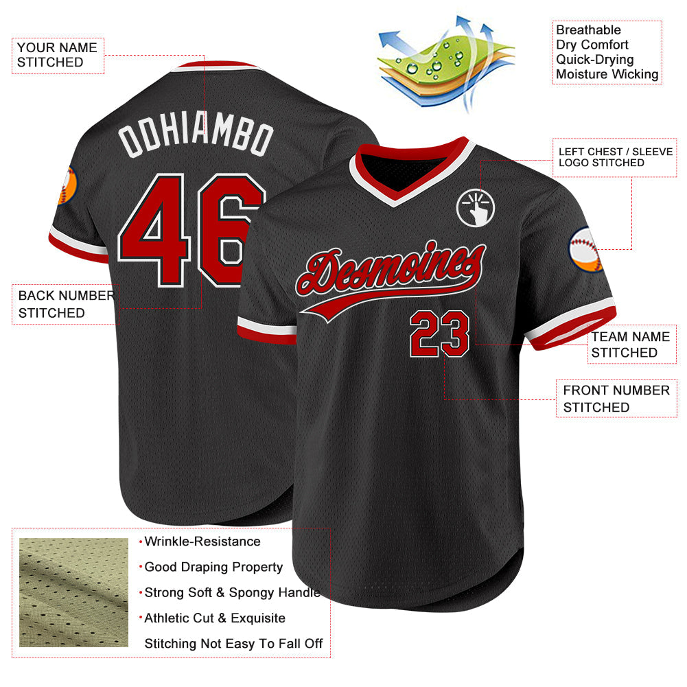 Custom Black Red-White Authentic Throwback Baseball Jersey view 3