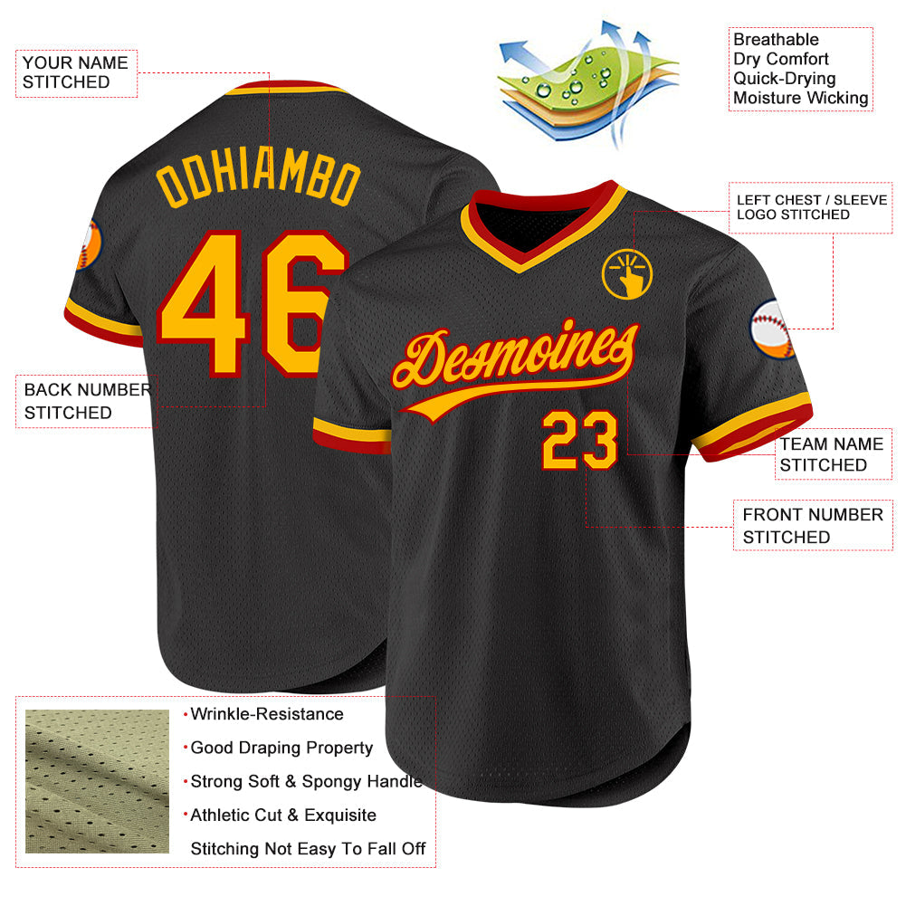 Custom Black Gold-Red Authentic Throwback Baseball Jersey view 3
