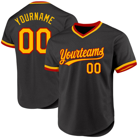Custom Black Gold-Red Authentic Throwback Baseball Jersey - Main View