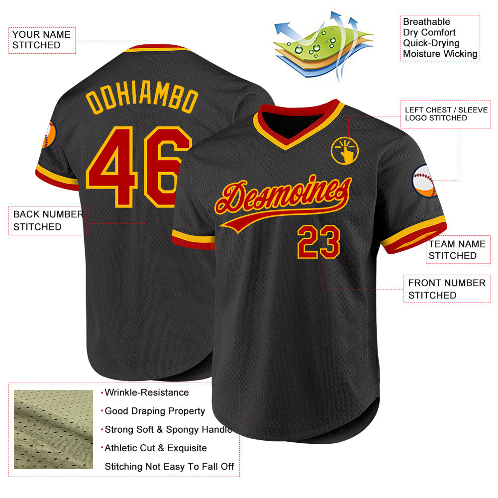 Custom Black Red-Gold Authentic Throwback Baseball Jersey view 3
