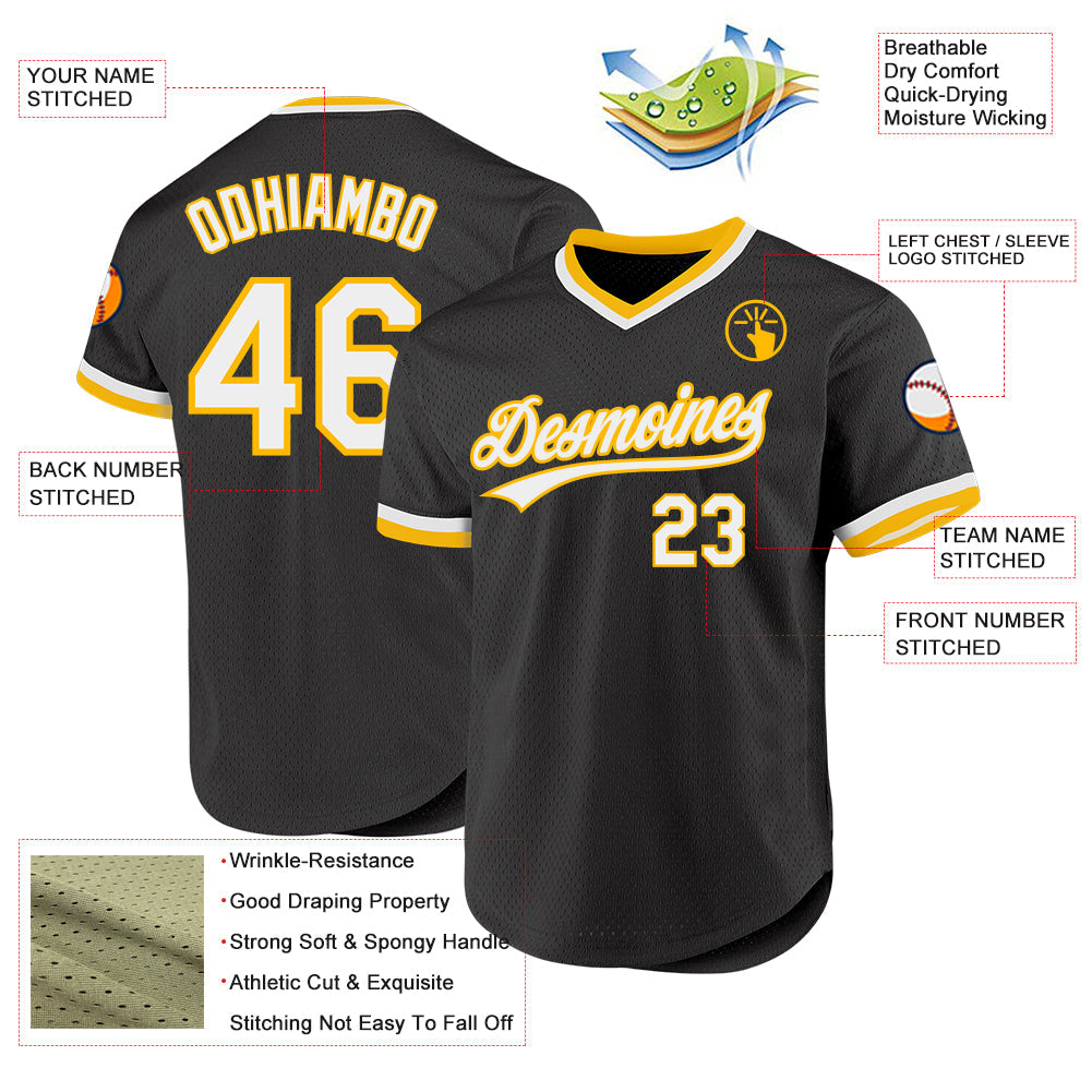 Custom Black White-Gold Authentic Throwback Baseball Jersey view 3