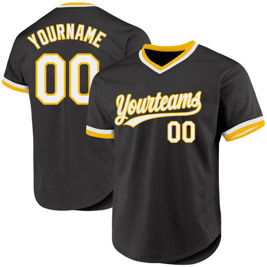 Custom Black White-Gold Authentic Throwback Baseball Jersey - Main View