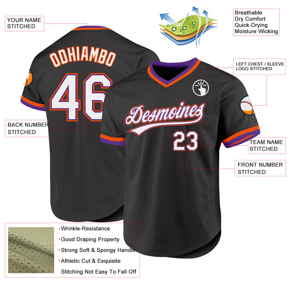 Custom Black Purple-Orange Authentic Throwback Baseball Jersey view 3