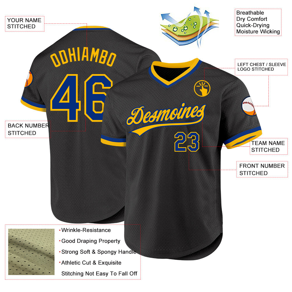 Custom Black Royal-Gold Authentic Throwback Baseball Jersey view 3