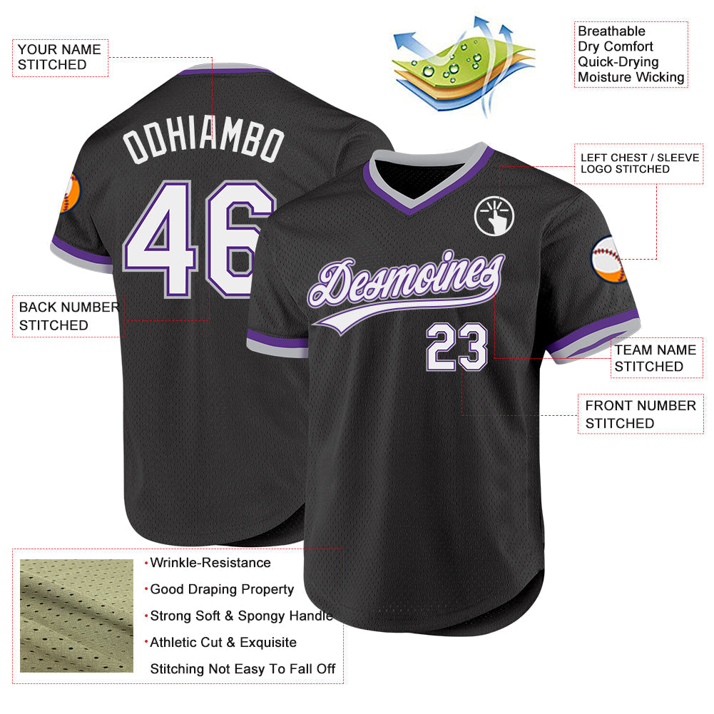 Custom Black Purple-Gray Authentic Throwback Baseball Jersey view 3