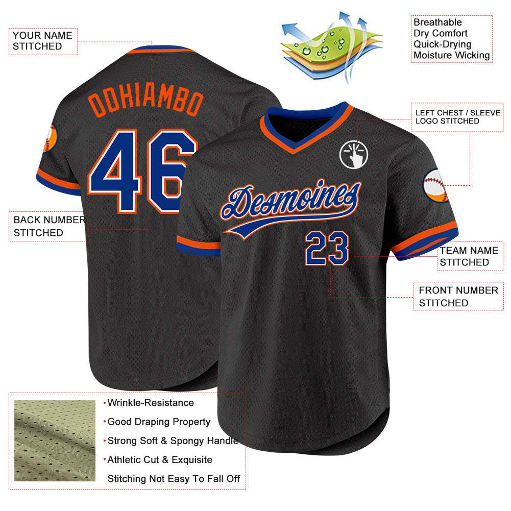 Custom Black Royal-Orange Authentic Throwback Baseball Jersey view 3