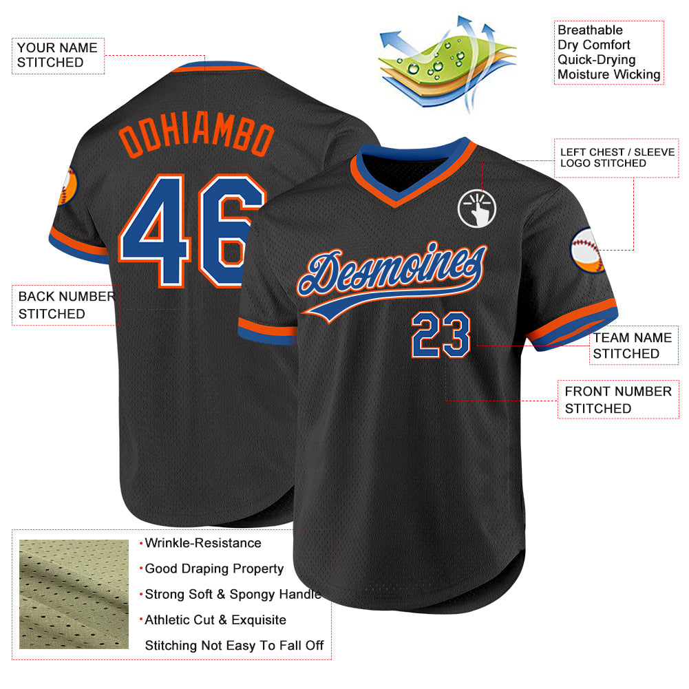 Custom Black Blue-Orange Authentic Throwback Baseball Jersey view 3