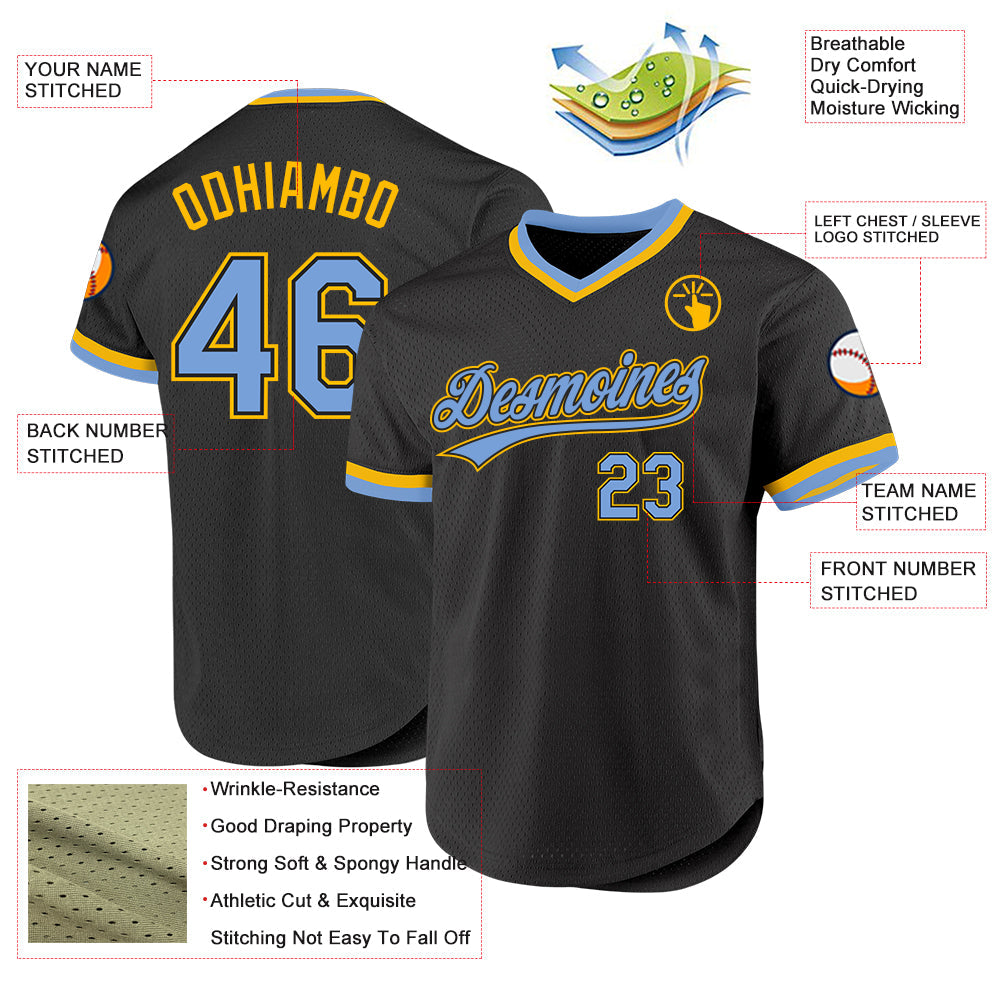 Custom Black Light Blue-Gold Authentic Throwback Baseball Jersey view 3