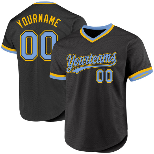 Custom Black Light Blue-Gold Authentic Throwback Baseball Jersey - Main View