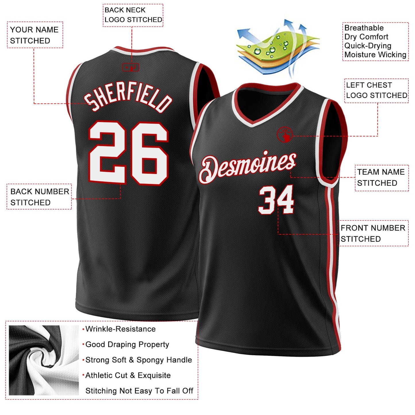 Custom Black White-Red Authentic Throwback Basketball Jersey view 3