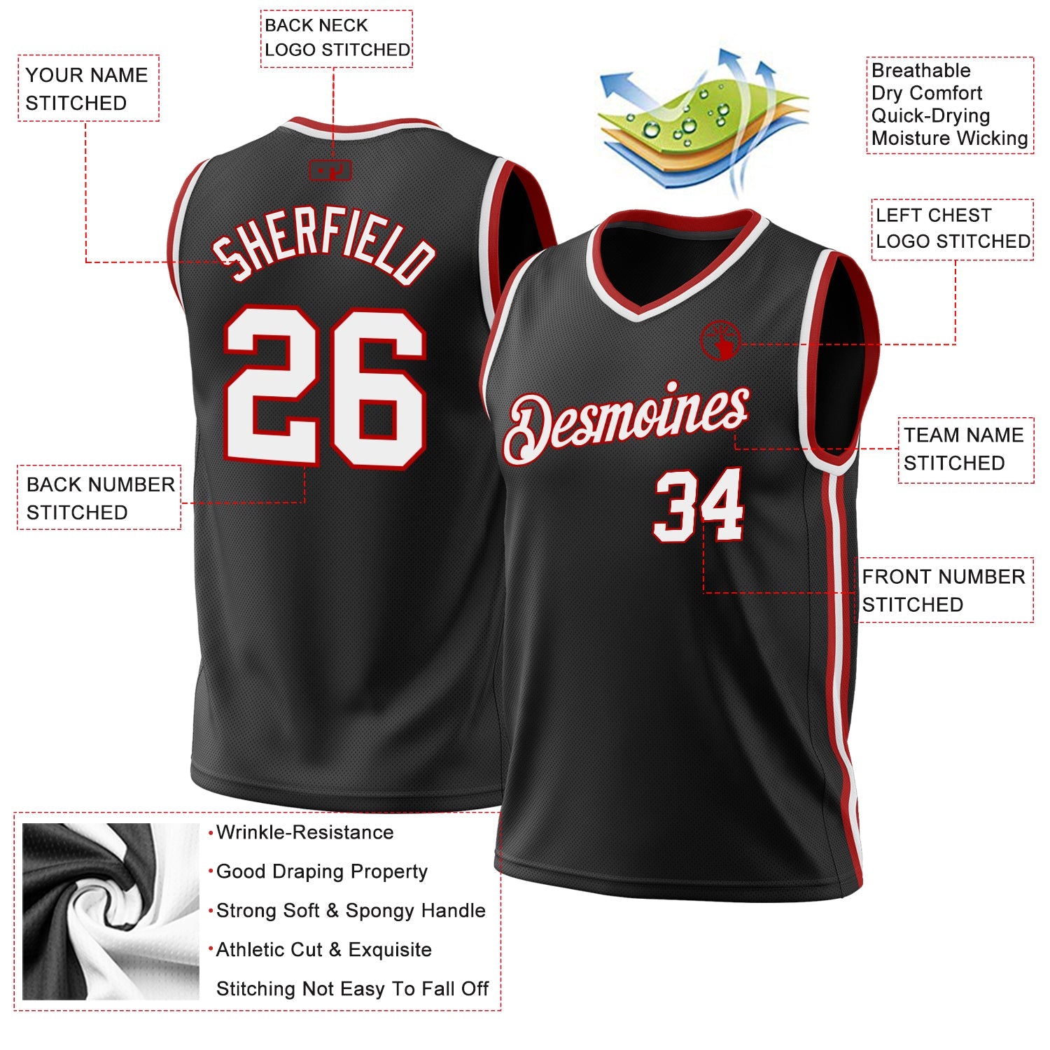 Custom Black White-Red Authentic Throwback Basketball Jersey view 3
