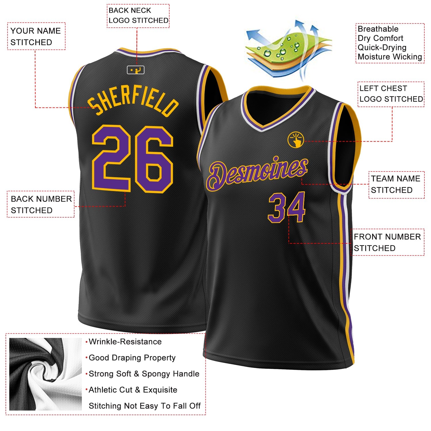 Custom Black Purple-Gold Authentic Throwback Basketball Jersey view 3