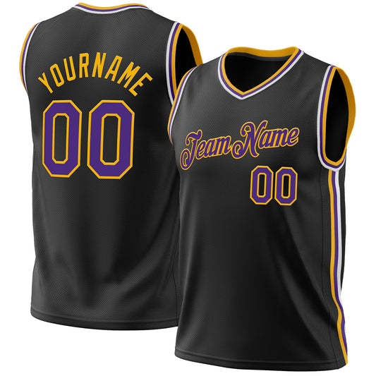 Custom Black Purple-Gold Authentic Throwback Basketball Jersey - Main View