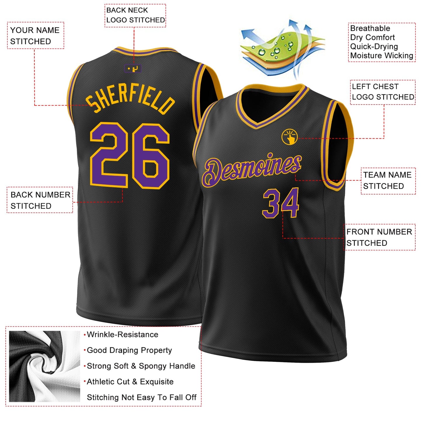 Custom Black Purple-Gold Authentic Throwback Basketball Jersey view 3