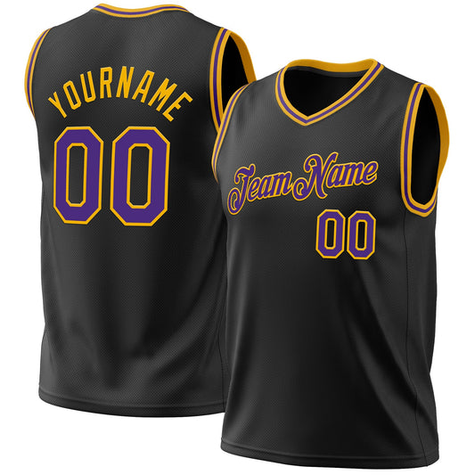 Custom Black Purple-Gold Authentic Throwback Basketball Jersey - Main View