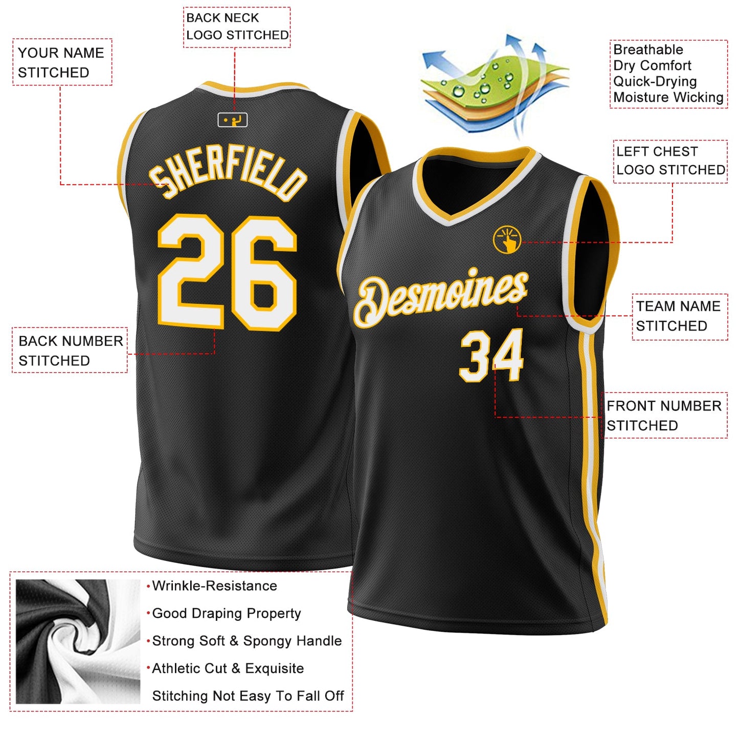 Custom Black White-Gold Authentic Throwback Basketball Jersey view 3
