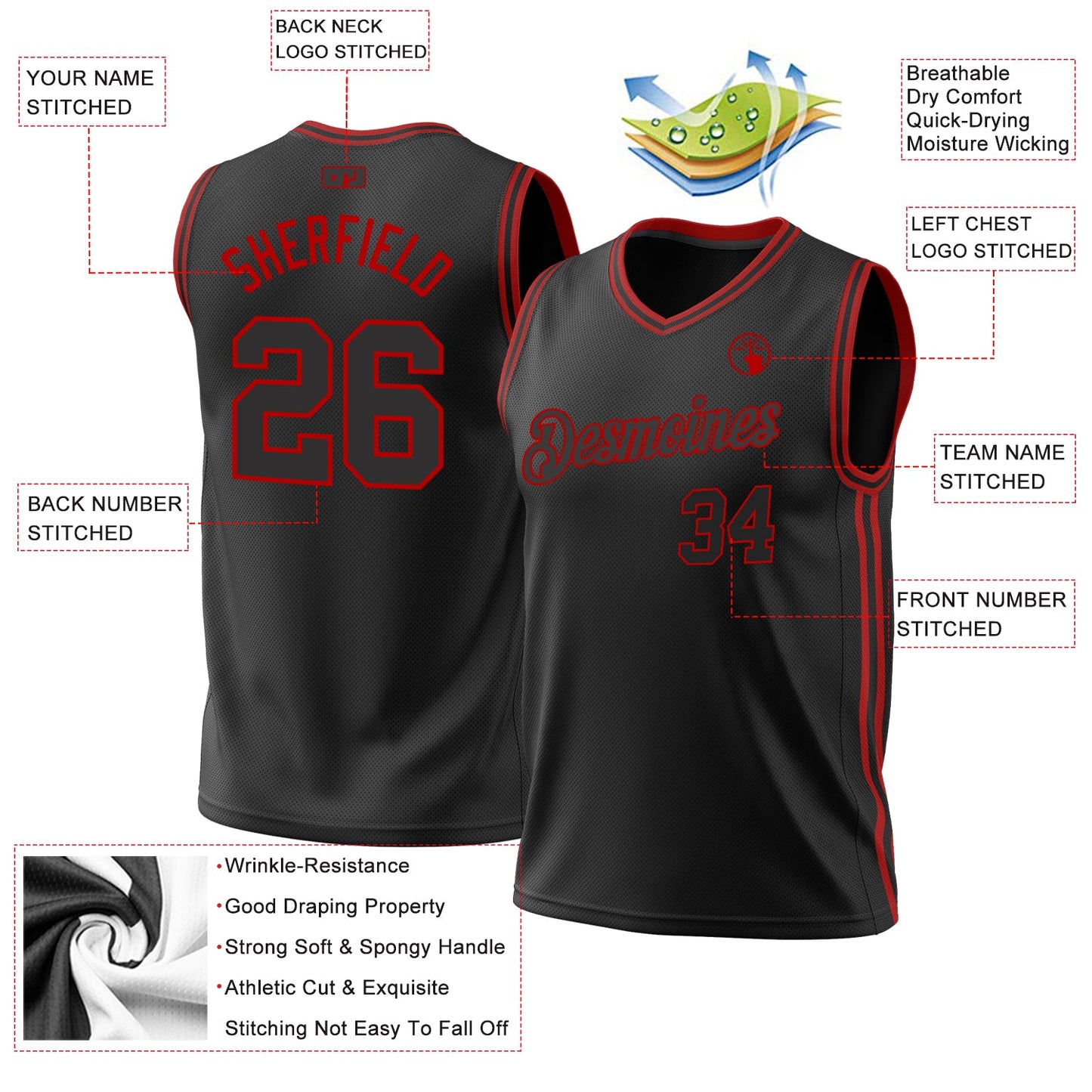 Custom Black Red Authentic Throwback Basketball Jersey view 3