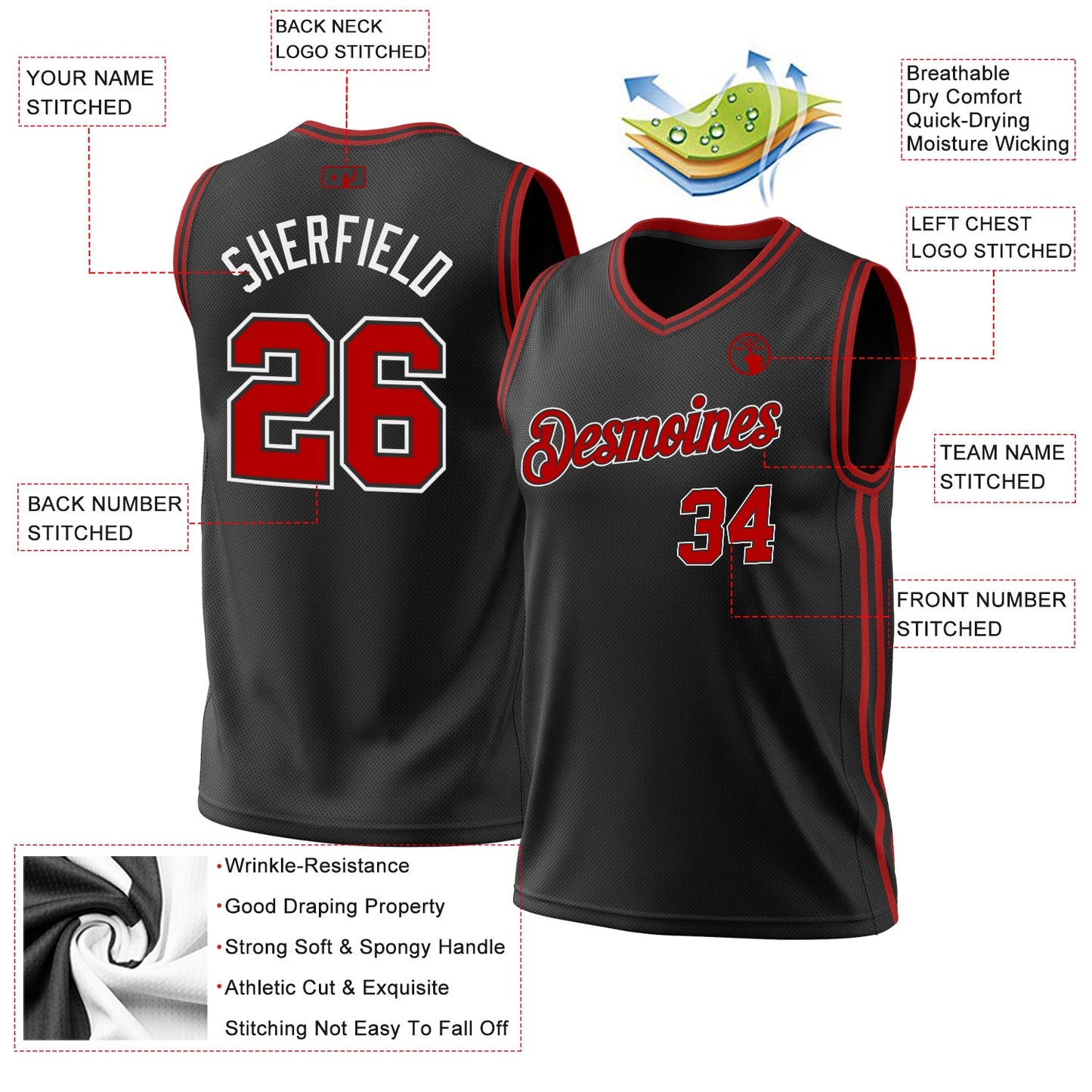 Custom Black Red-White Authentic Throwback Basketball Jersey view 3