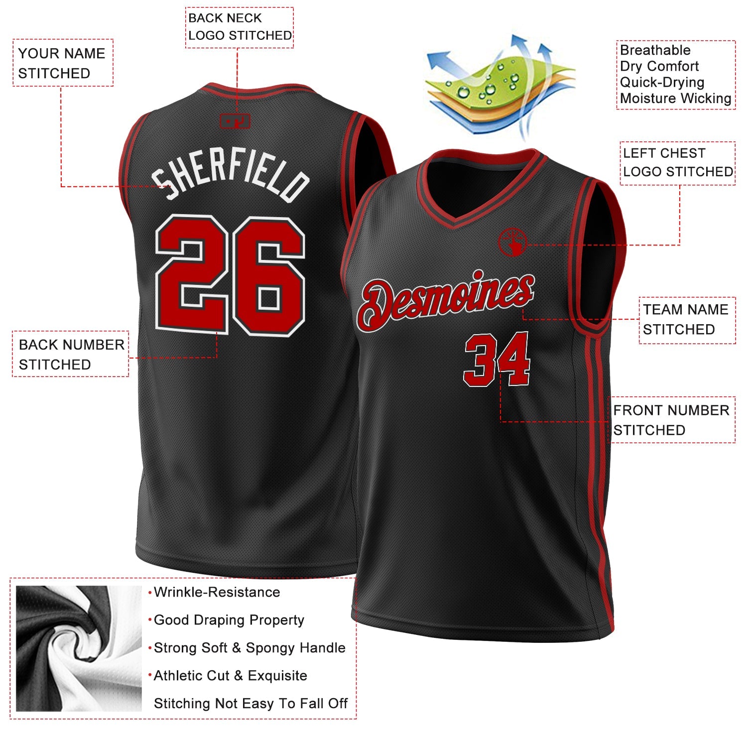 Custom Black Red-White Authentic Throwback Basketball Jersey view 3