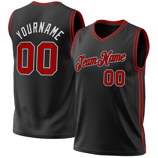 Custom Black Red-White Authentic Throwback Basketball Jersey - Main View