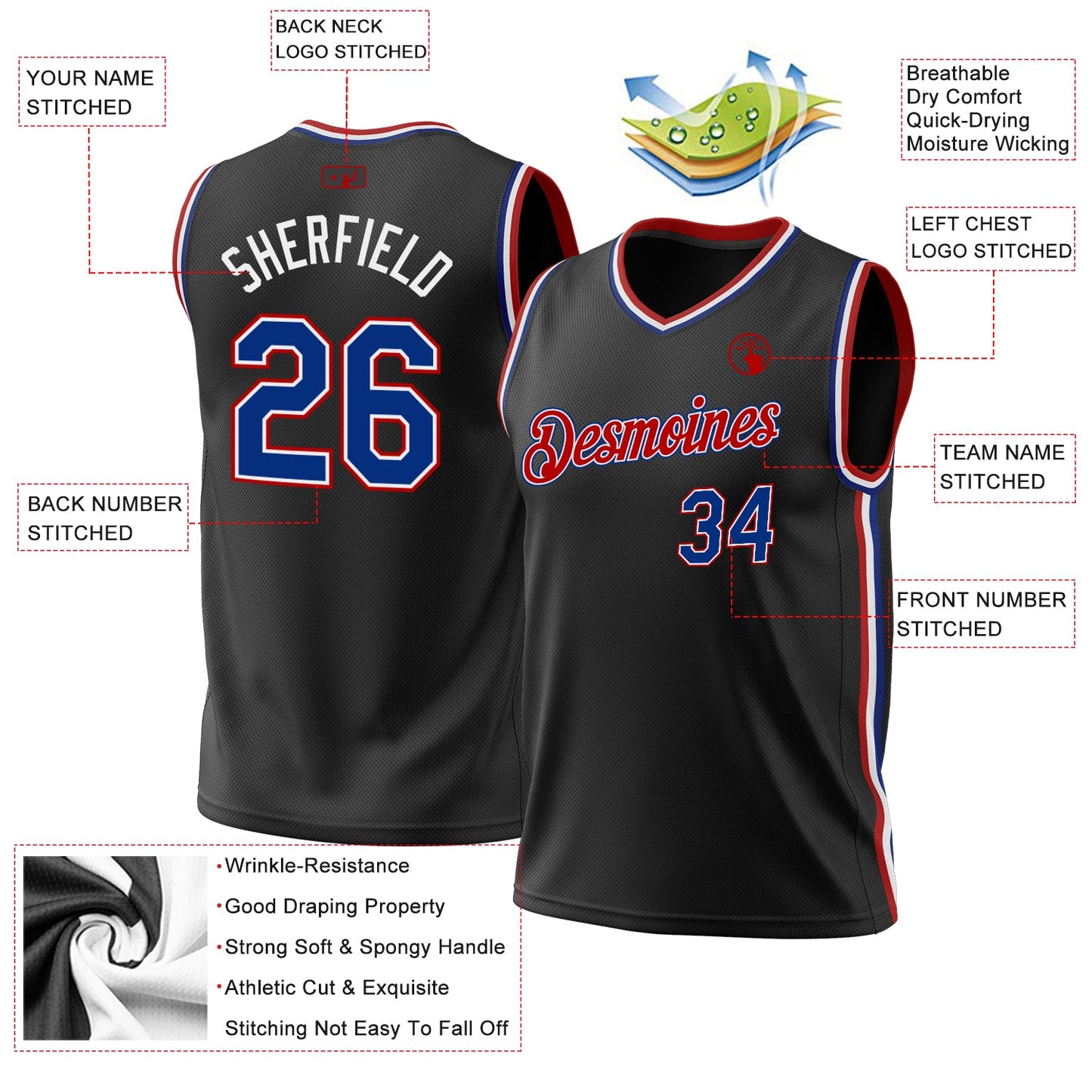 Custom Black Royal-Red Authentic Throwback Basketball Jersey view 3