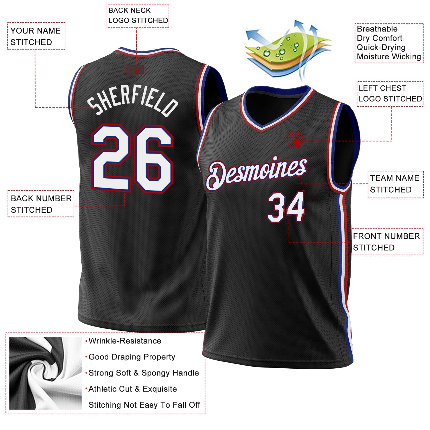 Custom Black Royal-Red Authentic Throwback Basketball Jersey view 3