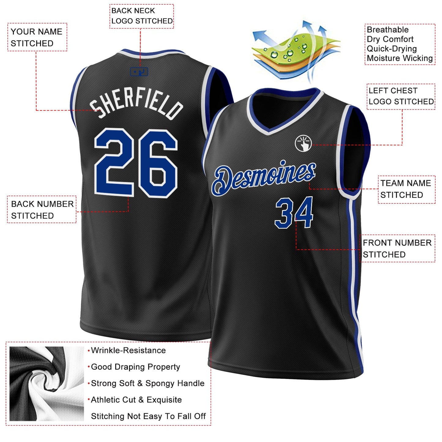 Custom Black Royal-White Authentic Throwback Basketball Jersey view 3
