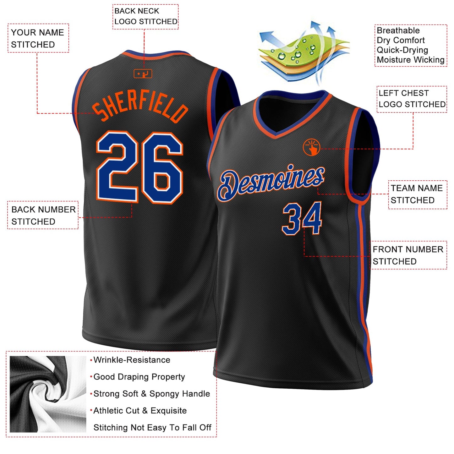 Custom Black Royal-Orange Authentic Throwback Basketball Jersey view 3