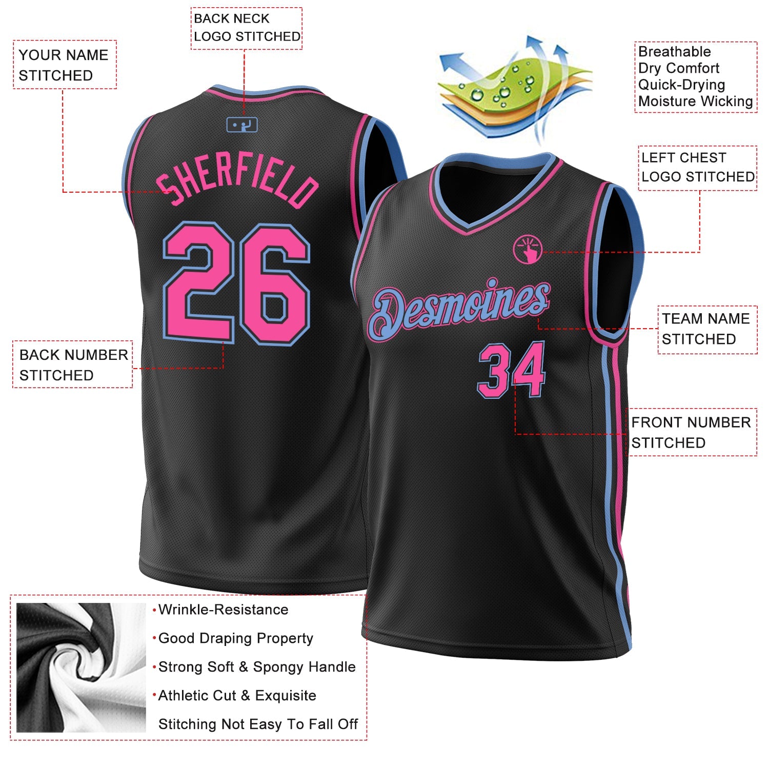 Custom Black Pink-Light Blue Authentic Throwback Basketball Jersey view 3