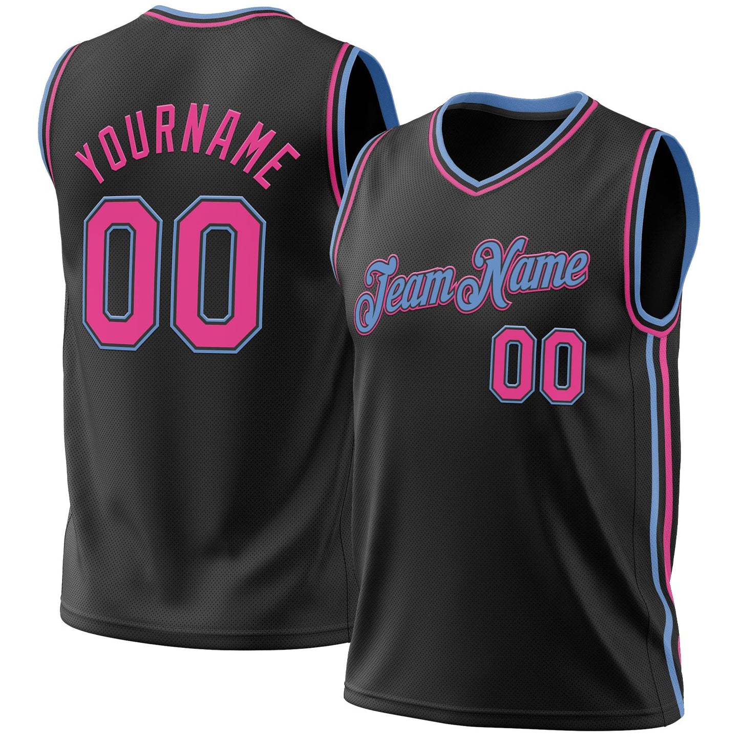 Custom Black Pink-Light Blue Authentic Throwback Basketball Jersey - Main View