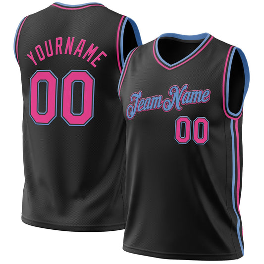 Custom Black Pink-Light Blue Authentic Throwback Basketball Jersey - Main View