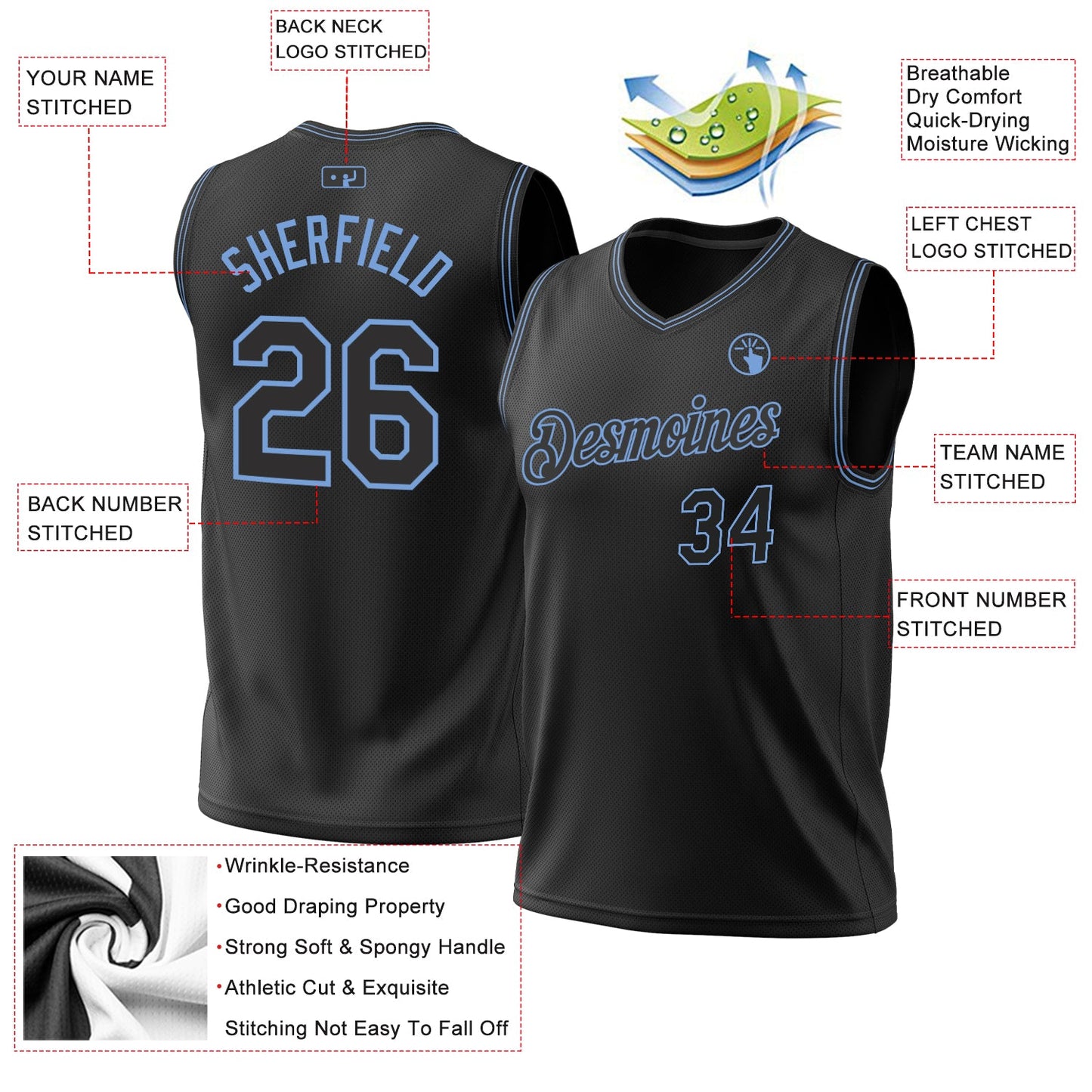 Custom Black Light Blue Authentic Throwback Basketball Jersey view 3