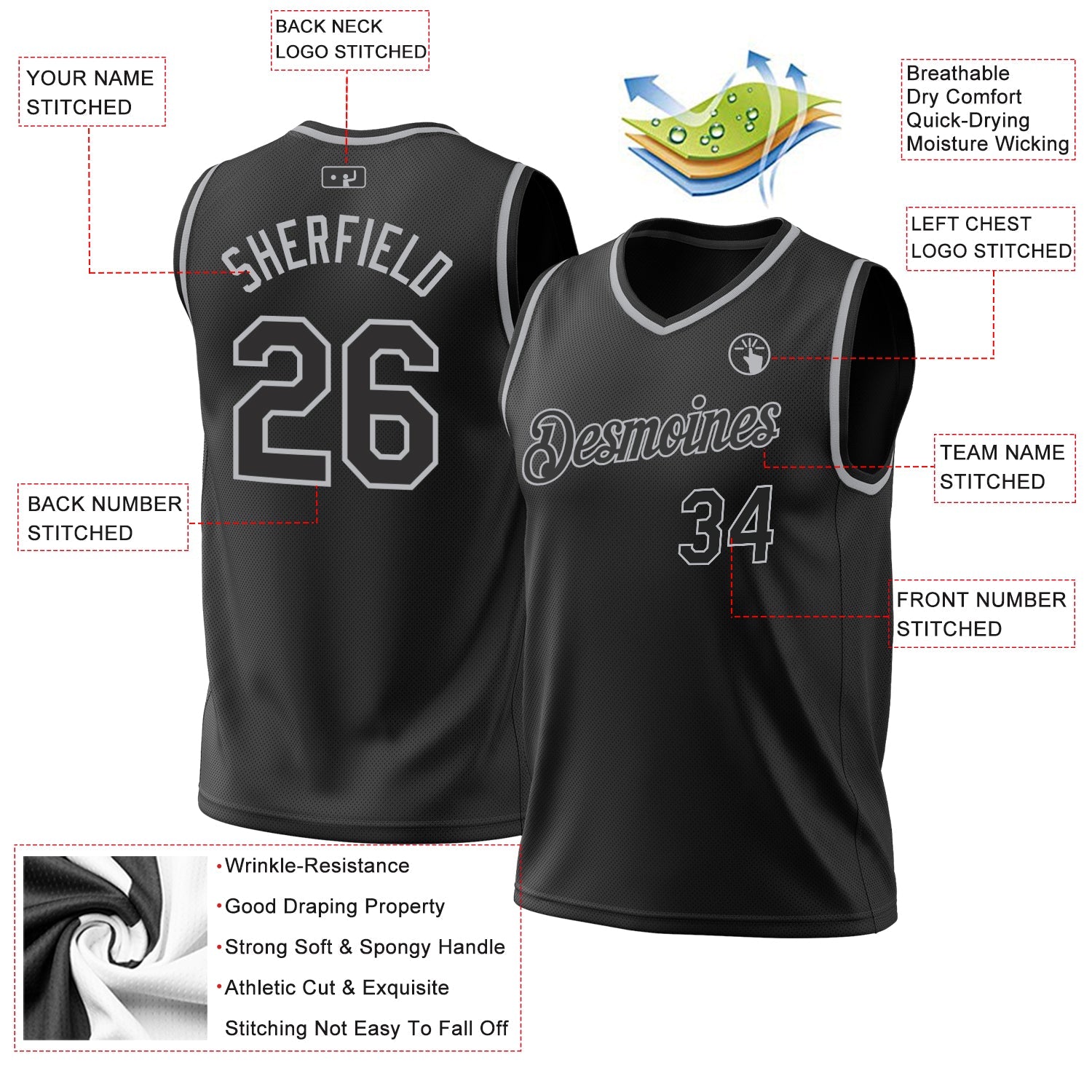 Custom Black Gray Authentic Throwback Basketball Jersey view 3