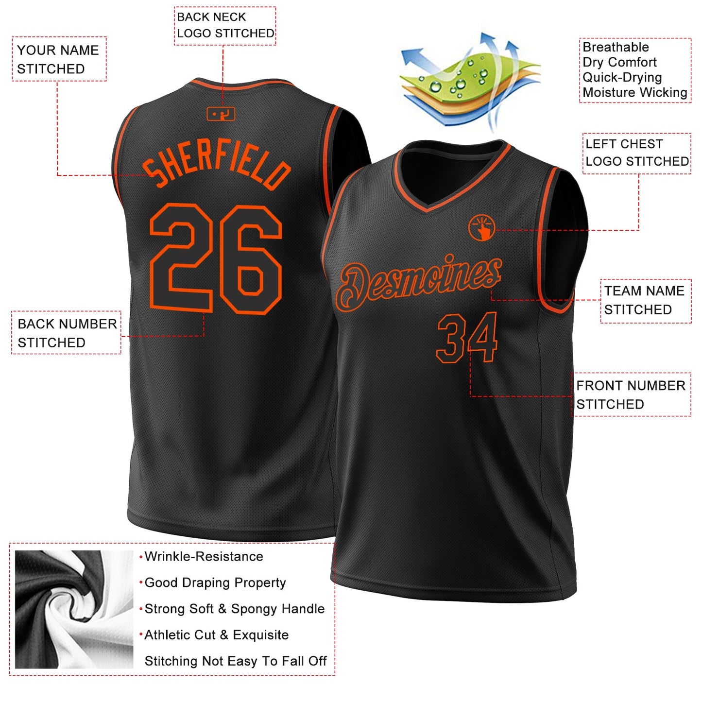 Custom Black Orange Authentic Throwback Basketball Jersey view 3