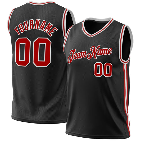 Custom Black Red-White Authentic Throwback Basketball Jersey - Main View