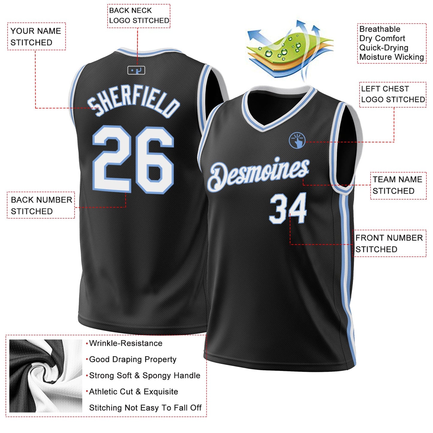 Custom Black White-Light Blue Authentic Throwback Basketball Jersey view 3