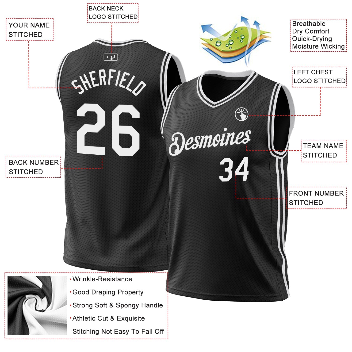Custom Black White Authentic Throwback Basketball Jersey view 3