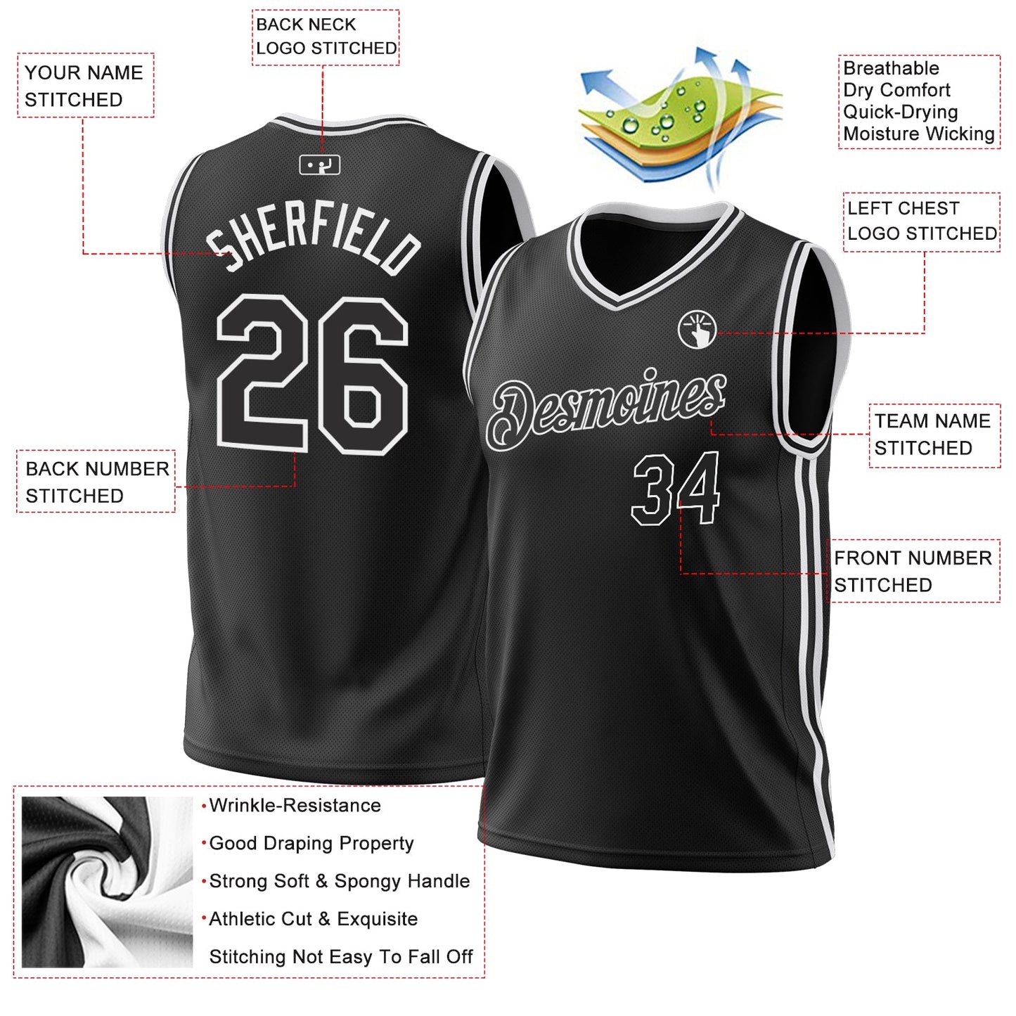 Custom Black White Authentic Throwback Basketball Jersey view 3