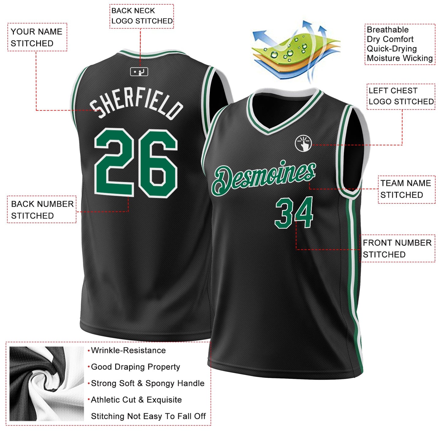 Custom Black Kelly Green-White Authentic Throwback Basketball Jersey view 3