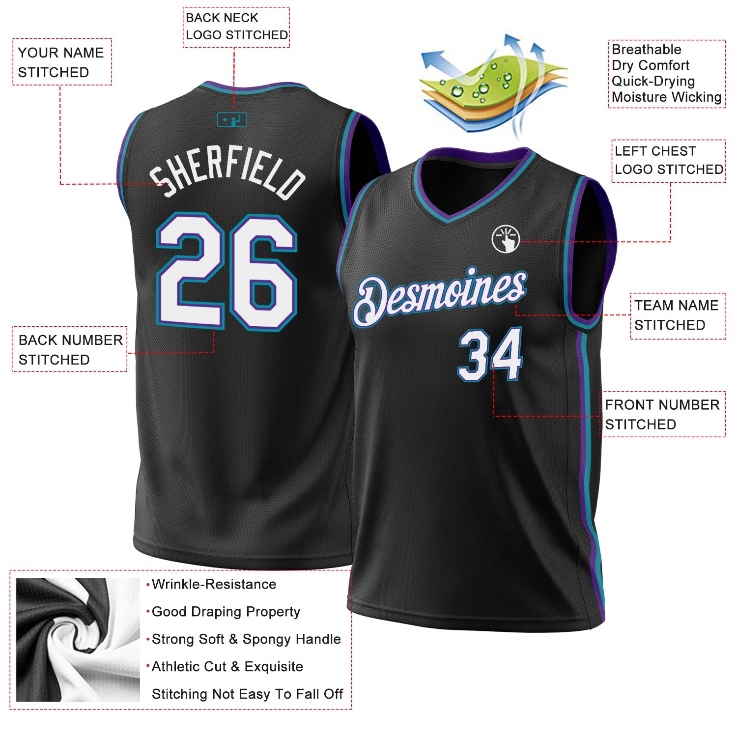 Custom Black Purple-Teal Authentic Throwback Basketball Jersey view 3