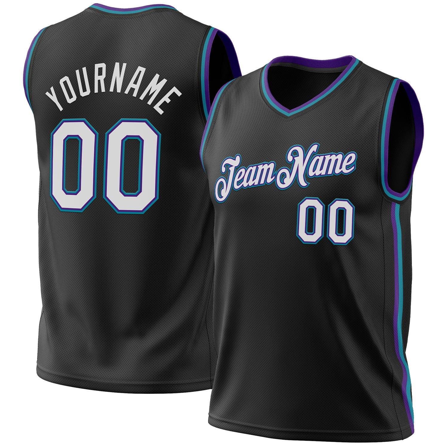 Custom Black Purple-Teal Authentic Throwback Basketball Jersey - Main View