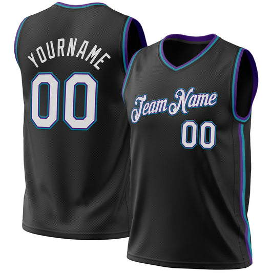 Custom Black Purple-Teal Authentic Throwback Basketball Jersey - Main View