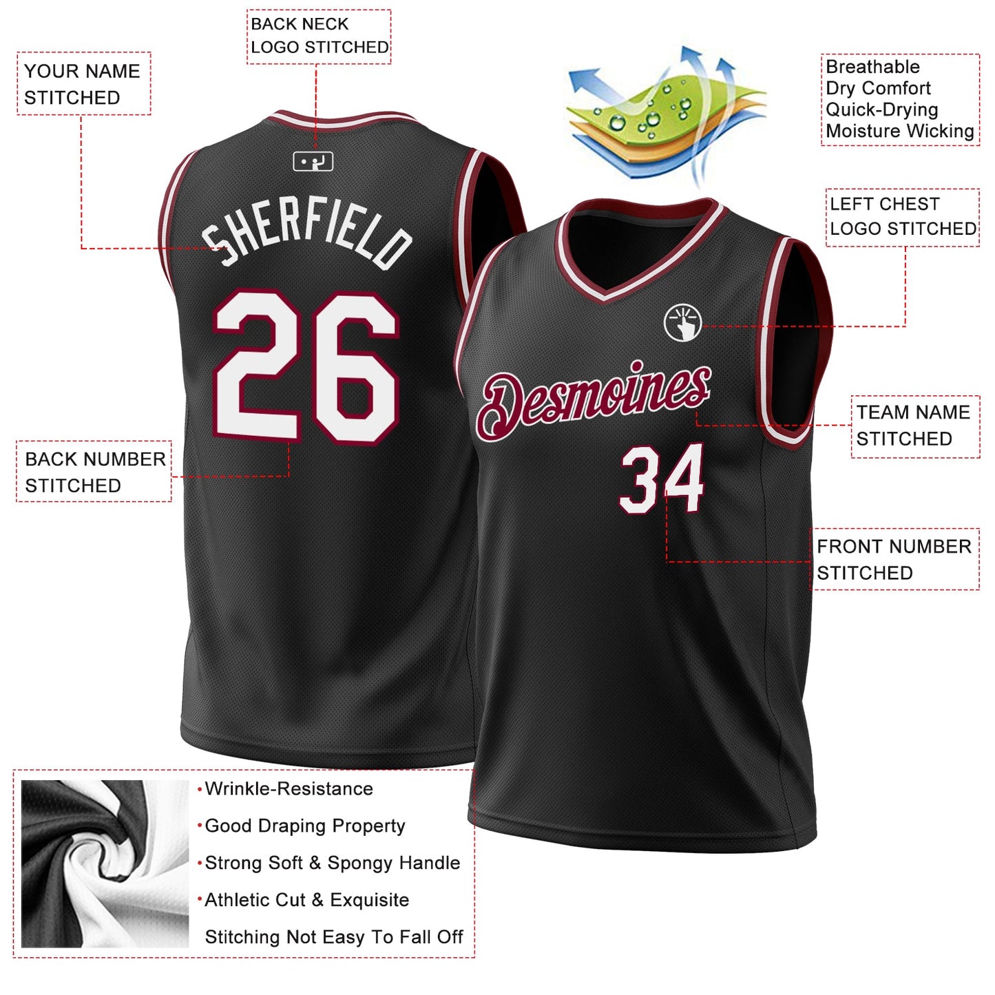 Custom Black White-Maroon Authentic Throwback Basketball Jersey view 3