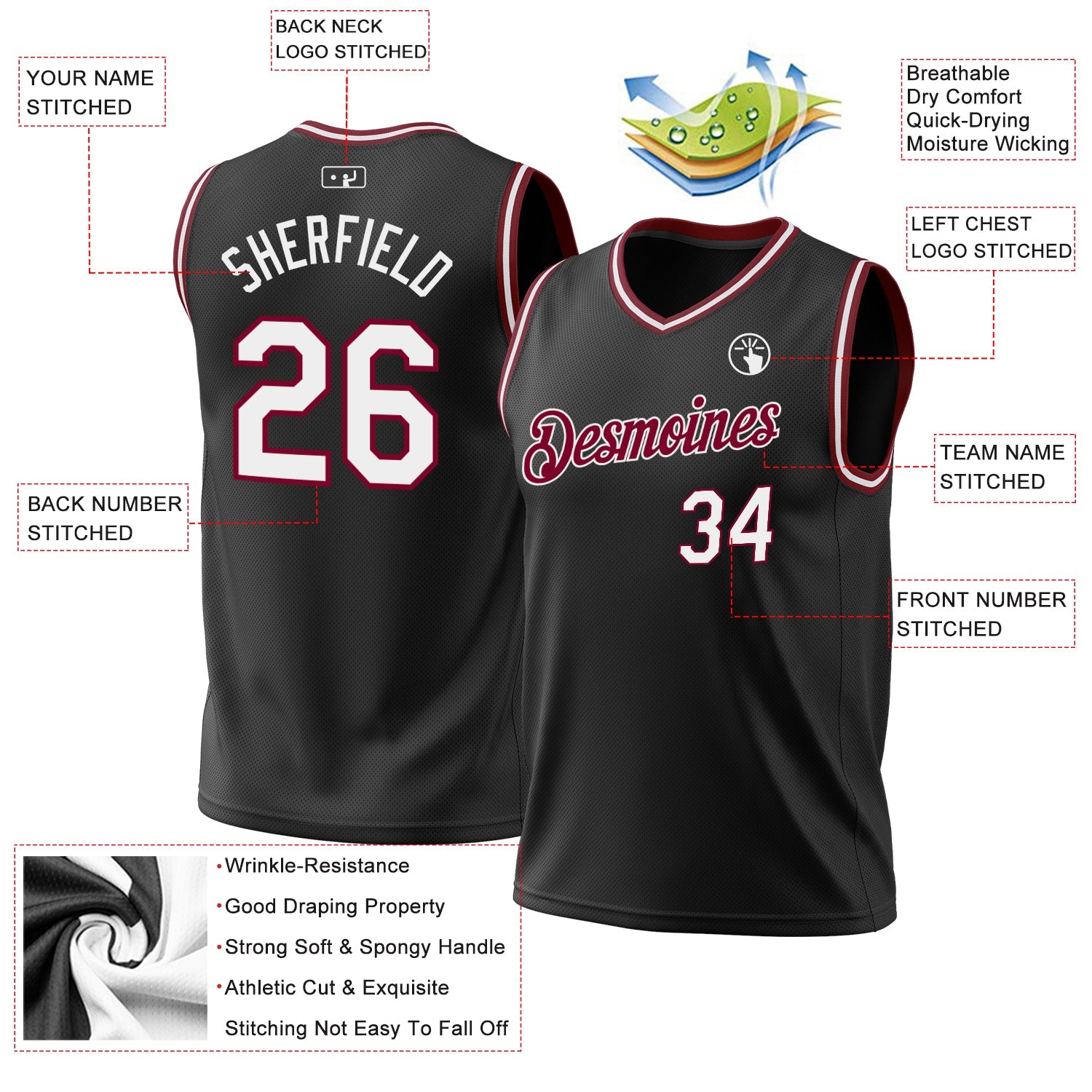 Custom Black White-Maroon Authentic Throwback Basketball Jersey view 3