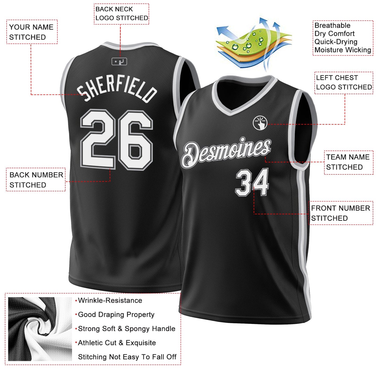 Custom Black White-Gray Authentic Throwback Basketball Jersey view 3